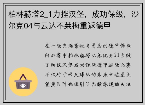 柏林赫塔2_1力挫汉堡，成功保级，沙尔克04与云达不莱梅重返德甲