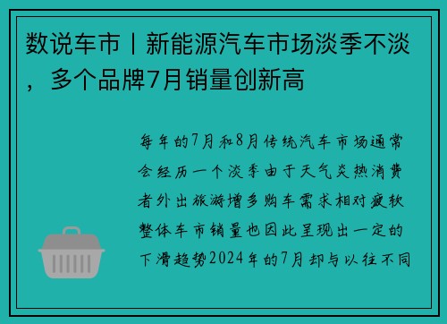 数说车市丨新能源汽车市场淡季不淡，多个品牌7月销量创新高