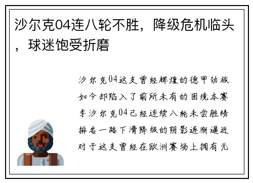 沙尔克04连八轮不胜，降级危机临头，球迷饱受折磨