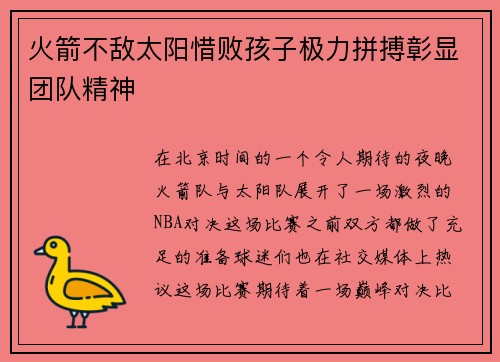 火箭不敌太阳惜败孩子极力拼搏彰显团队精神