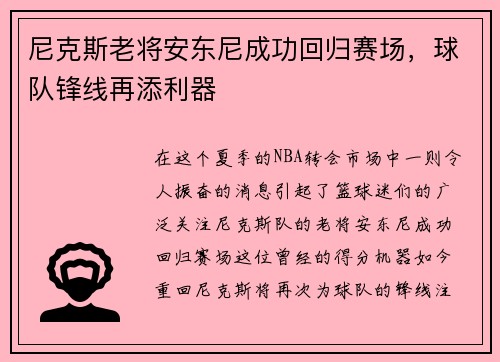 尼克斯老将安东尼成功回归赛场，球队锋线再添利器