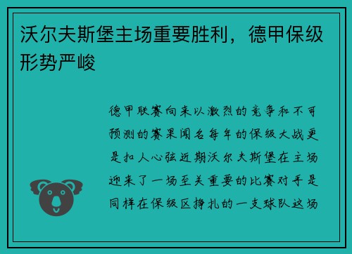 沃尔夫斯堡主场重要胜利，德甲保级形势严峻